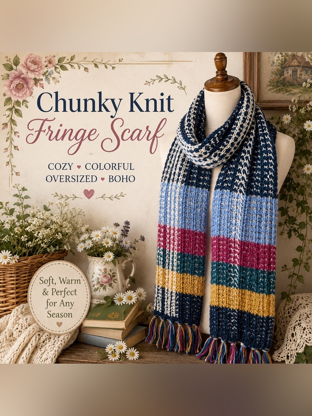 Chunky Knit Scarf Oversized Winter Scarf Multicolor Boho Wrap NWOT